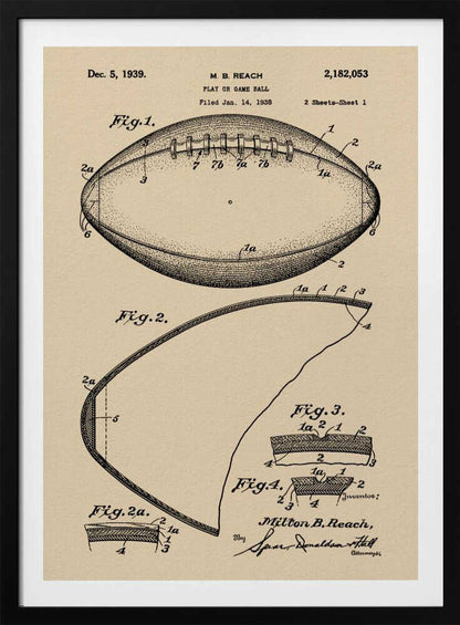 A framed print of the 1939 U.S. patent for a 'Play or Game Ball' by inventor M. B. Reach. The illustration features detailed technical drawings of a football in black ink on a beige, parchment-like background. Poster