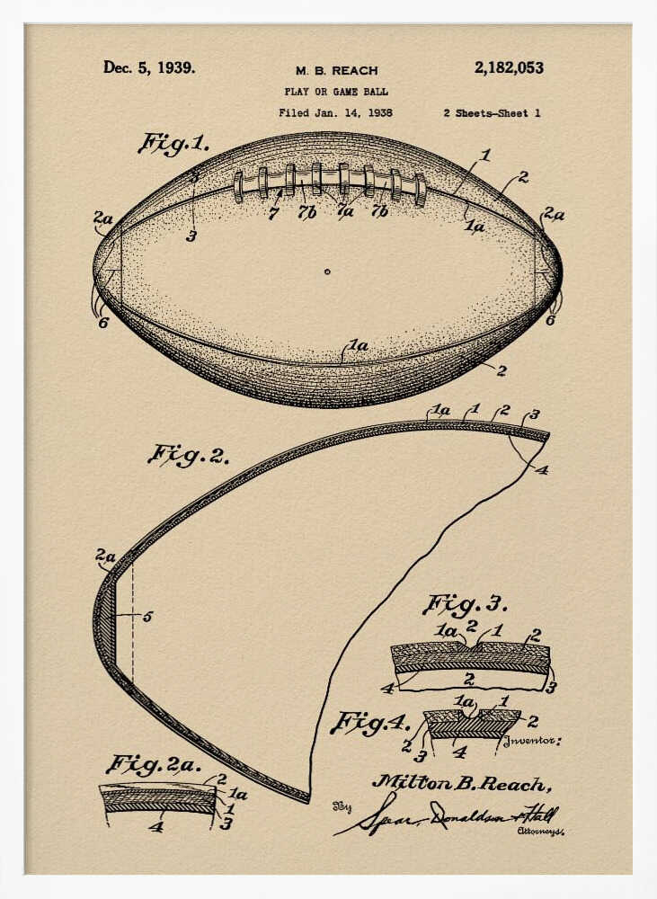 A framed print of the 1939 U.S. patent for a 'Play or Game Ball' by inventor M. B. Reach. The illustration features detailed technical drawings of a football in black ink on a beige, parchment-like background. Poster