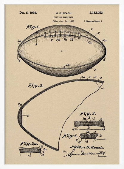 A framed print of the 1939 U.S. patent for a 'Play or Game Ball' by inventor M. B. Reach. The illustration features detailed technical drawings of a football in black ink on a beige, parchment-like background. Poster