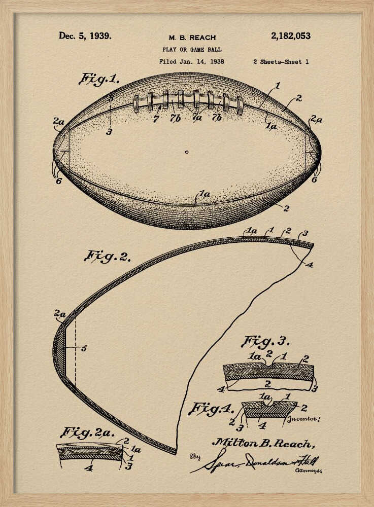A framed print of the 1939 U.S. patent for a 'Play or Game Ball' by inventor M. B. Reach. The illustration features detailed technical drawings of a football in black ink on a beige, parchment-like background. Poster