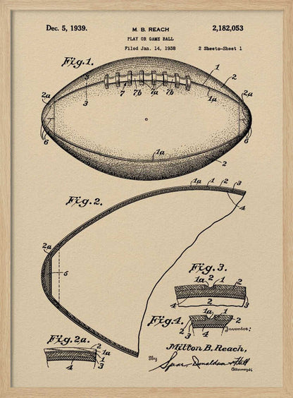 A framed print of the 1939 U.S. patent for a 'Play or Game Ball' by inventor M. B. Reach. The illustration features detailed technical drawings of a football in black ink on a beige, parchment-like background. Poster