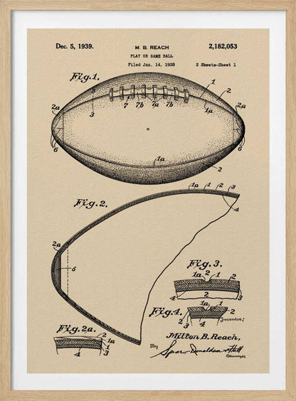 A framed print of the 1939 U.S. patent for a 'Play or Game Ball' by inventor M. B. Reach. The illustration features detailed technical drawings of a football in black ink on a beige, parchment-like background. Poster