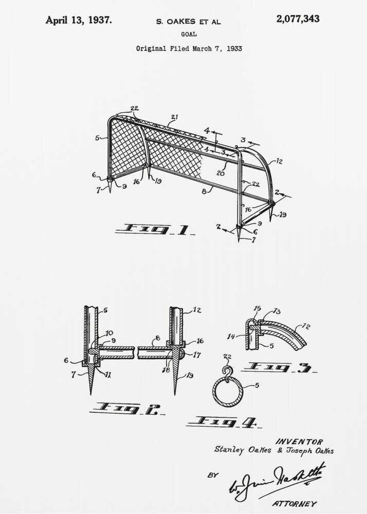 A framed black and white patent illustration for a sports goal, dated April 13, 1937. The diagram shows multiple figures detailing the construction of the goal, complete with labels, inventor names, and signatures. Decor