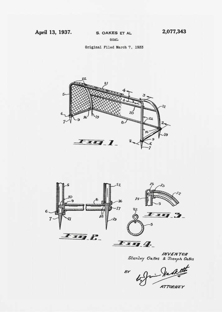 A framed black and white patent illustration for a sports goal, dated April 13, 1937. The diagram shows multiple figures detailing the construction of the goal, complete with labels, inventor names, and signatures. Decor