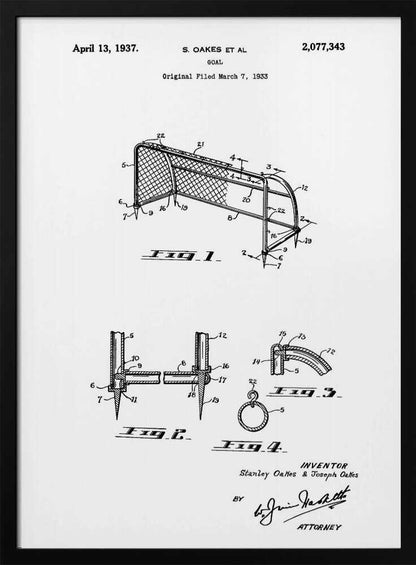 A framed black and white patent illustration for a sports goal, dated April 13, 1937. The diagram shows multiple figures detailing the construction of the goal, complete with labels, inventor names, and signatures. Decor