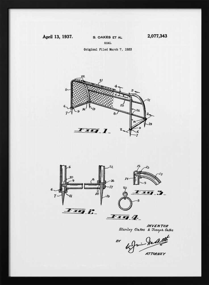 A framed black and white patent illustration for a sports goal, dated April 13, 1937. The diagram shows multiple figures detailing the construction of the goal, complete with labels, inventor names, and signatures. Decor