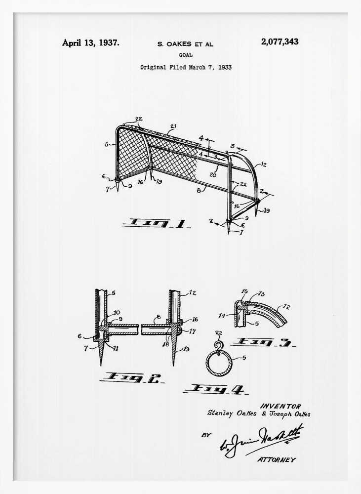 A framed black and white patent illustration for a sports goal, dated April 13, 1937. The diagram shows multiple figures detailing the construction of the goal, complete with labels, inventor names, and signatures. Decor