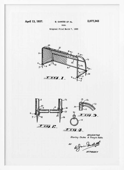 A framed black and white patent illustration for a sports goal, dated April 13, 1937. The diagram shows multiple figures detailing the construction of the goal, complete with labels, inventor names, and signatures. Decor