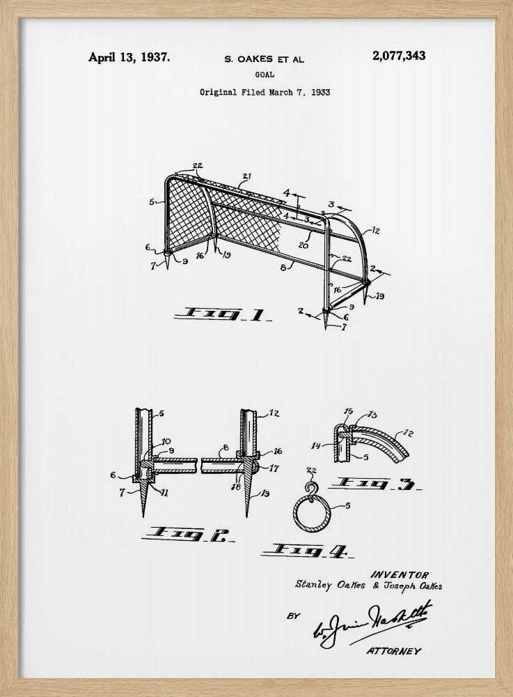 A framed black and white patent illustration for a sports goal, dated April 13, 1937. The diagram shows multiple figures detailing the construction of the goal, complete with labels, inventor names, and signatures. Decor