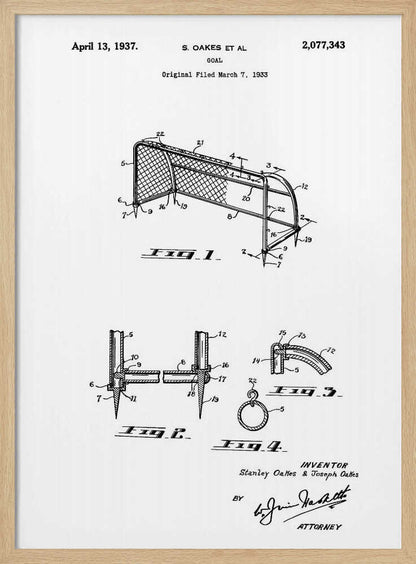 A framed black and white patent illustration for a sports goal, dated April 13, 1937. The diagram shows multiple figures detailing the construction of the goal, complete with labels, inventor names, and signatures. Decor