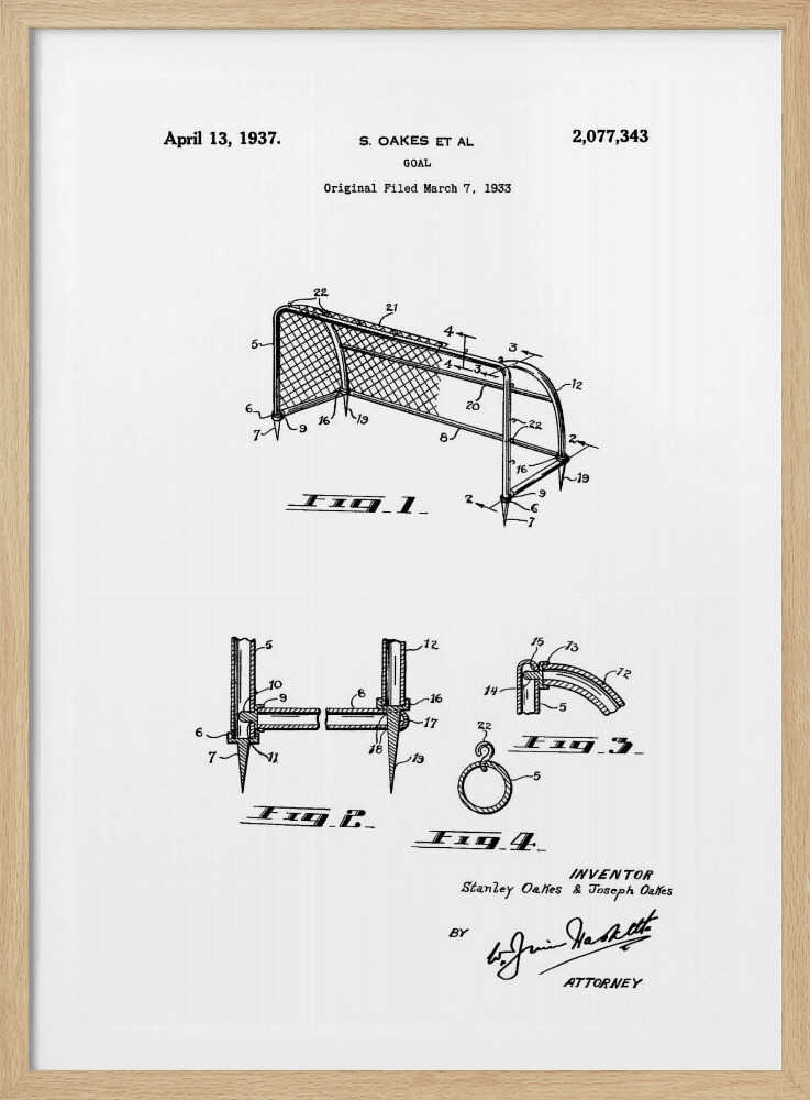 A framed black and white patent illustration for a sports goal, dated April 13, 1937. The diagram shows multiple figures detailing the construction of the goal, complete with labels, inventor names, and signatures. Decor