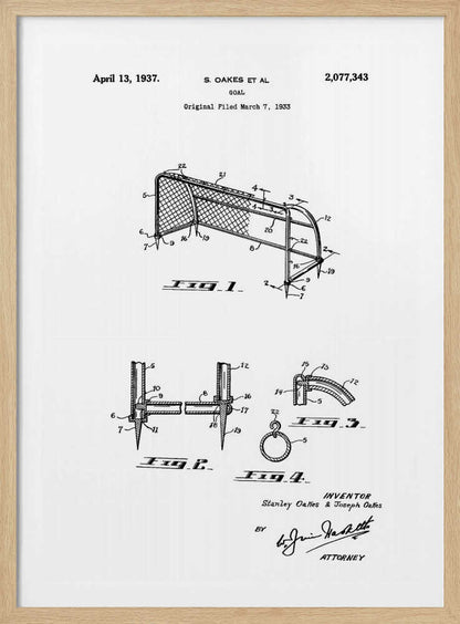 A framed black and white patent illustration for a sports goal, dated April 13, 1937. The diagram shows multiple figures detailing the construction of the goal, complete with labels, inventor names, and signatures. Decor