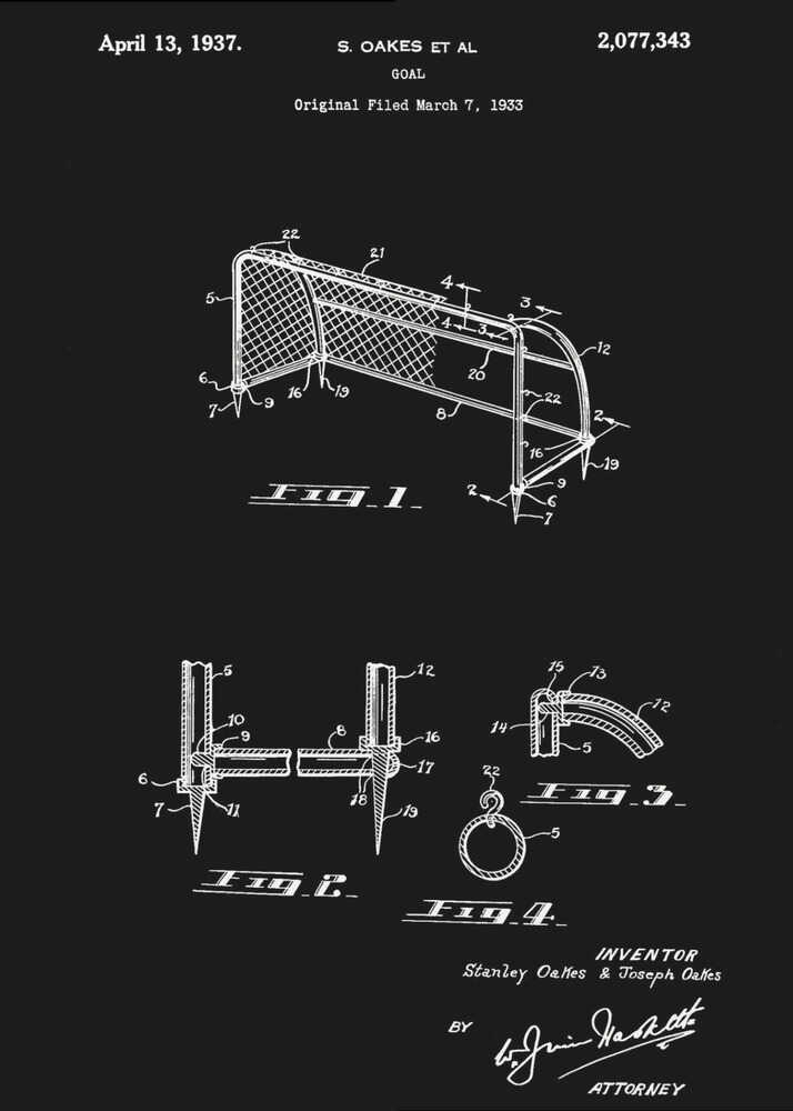 A framed vintage patent illustration for a soccer goal, dated April 13, 1937. The drawing, presented in white lines on a black background, details the construction of the goal with multiple figures and annotations. Decor