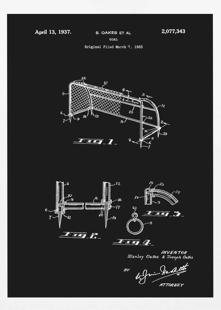 A framed vintage patent illustration for a soccer goal, dated April 13, 1937. The drawing, presented in white lines on a black background, details the construction of the goal with multiple figures and annotations. Decor