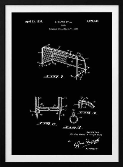 A framed vintage patent illustration for a soccer goal, dated April 13, 1937. The drawing, presented in white lines on a black background, details the construction of the goal with multiple figures and annotations. Decor
