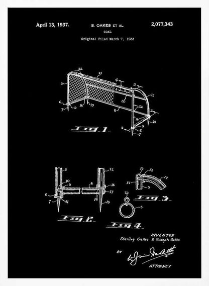 A framed vintage patent illustration for a soccer goal, dated April 13, 1937. The drawing, presented in white lines on a black background, details the construction of the goal with multiple figures and annotations. Decor