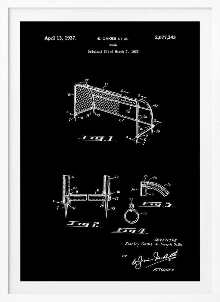 A framed vintage patent illustration for a soccer goal, dated April 13, 1937. The drawing, presented in white lines on a black background, details the construction of the goal with multiple figures and annotations. Decor