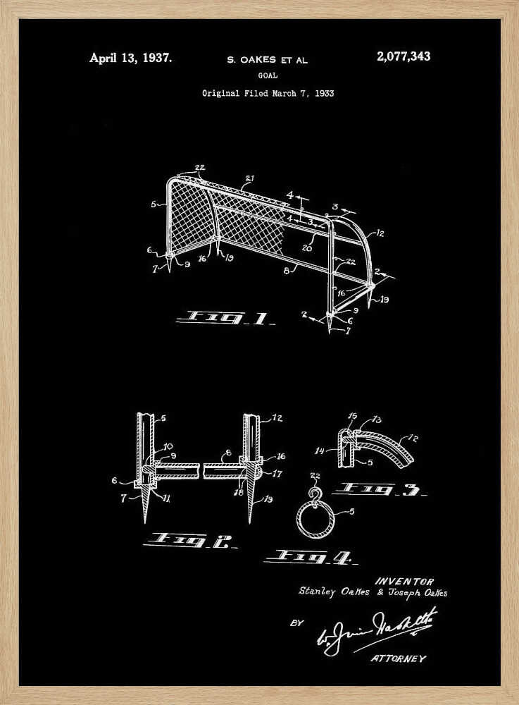 A framed vintage patent illustration for a soccer goal, dated April 13, 1937. The drawing, presented in white lines on a black background, details the construction of the goal with multiple figures and annotations. Decor