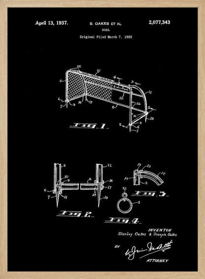 A framed vintage patent illustration for a soccer goal, dated April 13, 1937. The drawing, presented in white lines on a black background, details the construction of the goal with multiple figures and annotations. Decor