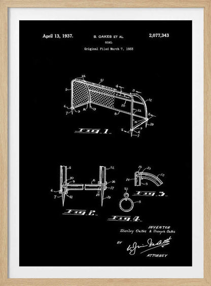 A framed vintage patent illustration for a soccer goal, dated April 13, 1937. The drawing, presented in white lines on a black background, details the construction of the goal with multiple figures and annotations. Decor