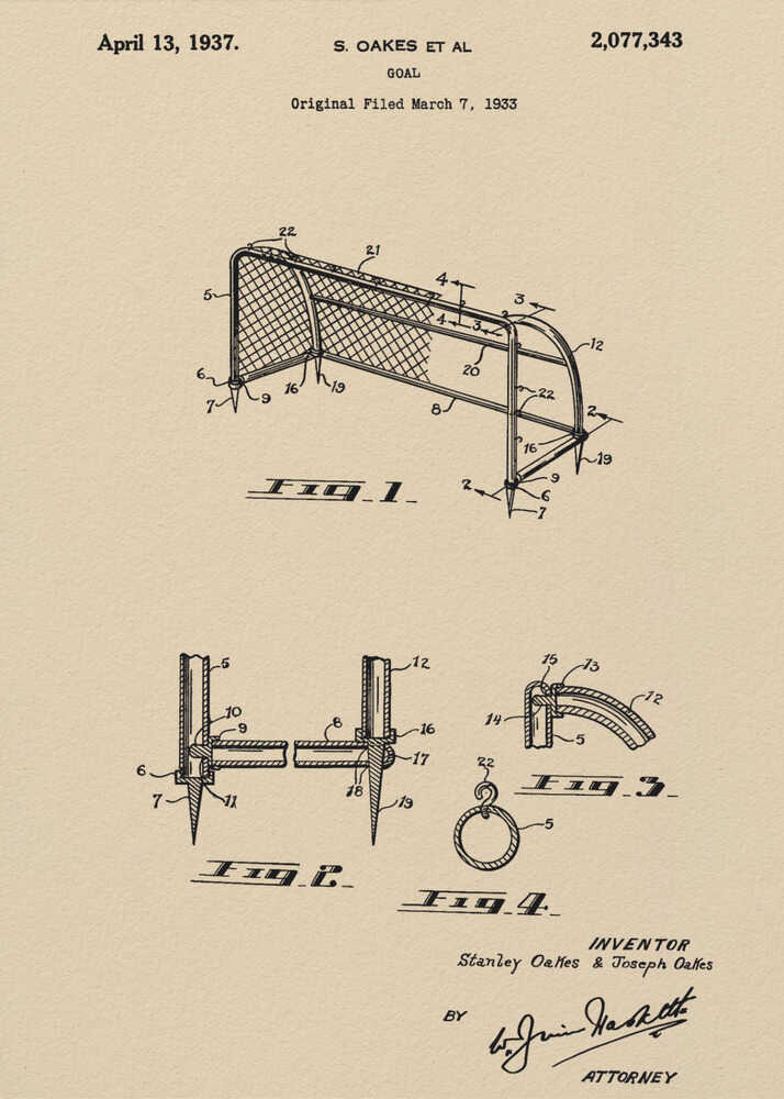 A framed vintage-style patent print for a sports goal, dated April 13, 1937. The artwork features detailed black line drawings of the goal and its components on a beige parchment background, complete with patent numbers, inventor names, and signatures. Poster
