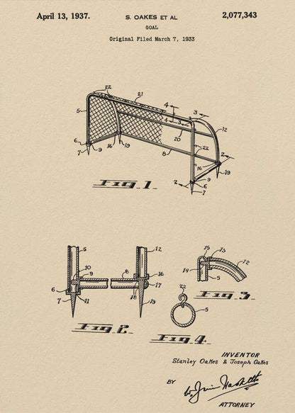 A framed vintage-style patent print for a sports goal, dated April 13, 1937. The artwork features detailed black line drawings of the goal and its components on a beige parchment background, complete with patent numbers, inventor names, and signatures. Poster