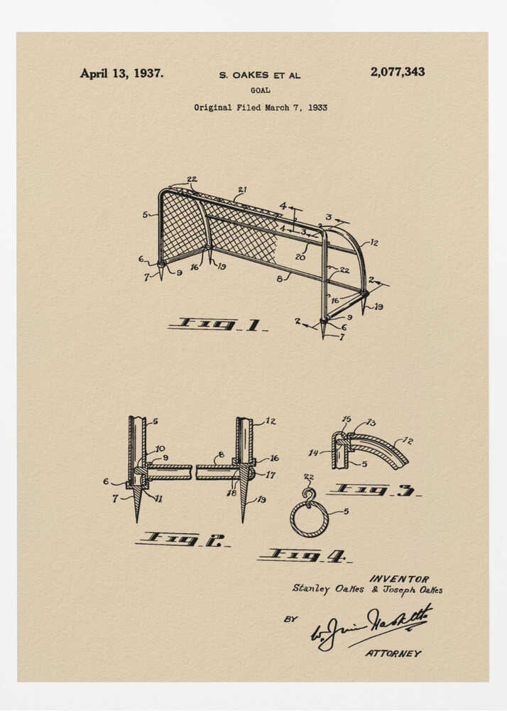 A framed vintage-style patent print for a sports goal, dated April 13, 1937. The artwork features detailed black line drawings of the goal and its components on a beige parchment background, complete with patent numbers, inventor names, and signatures. Poster
