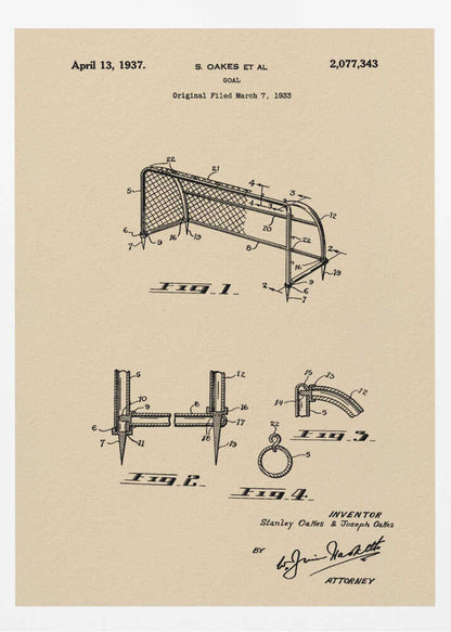A framed vintage-style patent print for a sports goal, dated April 13, 1937. The artwork features detailed black line drawings of the goal and its components on a beige parchment background, complete with patent numbers, inventor names, and signatures. Poster