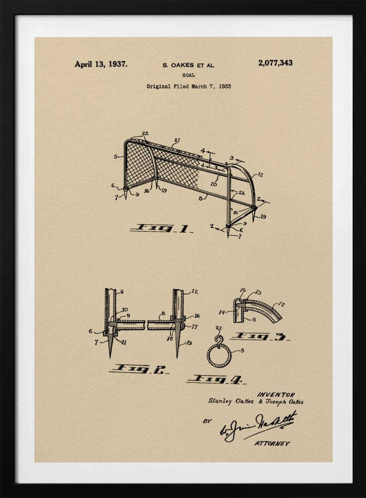 A framed vintage-style patent print for a sports goal, dated April 13, 1937. The artwork features detailed black line drawings of the goal and its components on a beige parchment background, complete with patent numbers, inventor names, and signatures. Poster