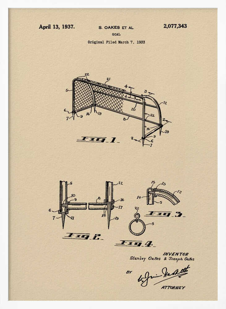 A framed vintage-style patent print for a sports goal, dated April 13, 1937. The artwork features detailed black line drawings of the goal and its components on a beige parchment background, complete with patent numbers, inventor names, and signatures. Poster