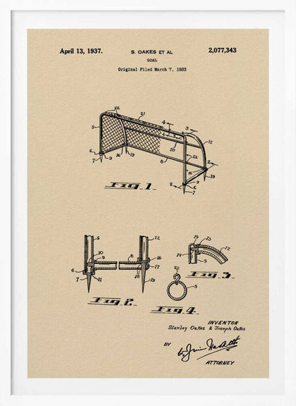 A framed vintage-style patent print for a sports goal, dated April 13, 1937. The artwork features detailed black line drawings of the goal and its components on a beige parchment background, complete with patent numbers, inventor names, and signatures. Poster
