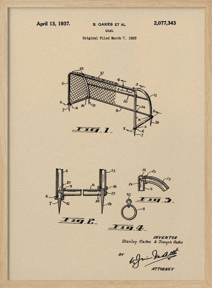 A framed vintage-style patent print for a sports goal, dated April 13, 1937. The artwork features detailed black line drawings of the goal and its components on a beige parchment background, complete with patent numbers, inventor names, and signatures. Poster