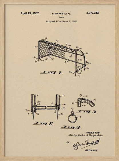A framed vintage-style patent print for a sports goal, dated April 13, 1937. The artwork features detailed black line drawings of the goal and its components on a beige parchment background, complete with patent numbers, inventor names, and signatures. Poster