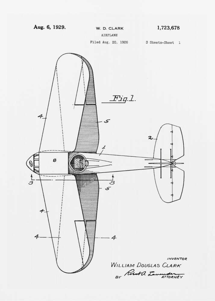 A framed, black and white patent illustration for an airplane by W.D. Clark, dated August 6, 1929. The image shows a top-down schematic view of the aircraft, labeled 'Fig. 1' with technical details and reference numbers. Print