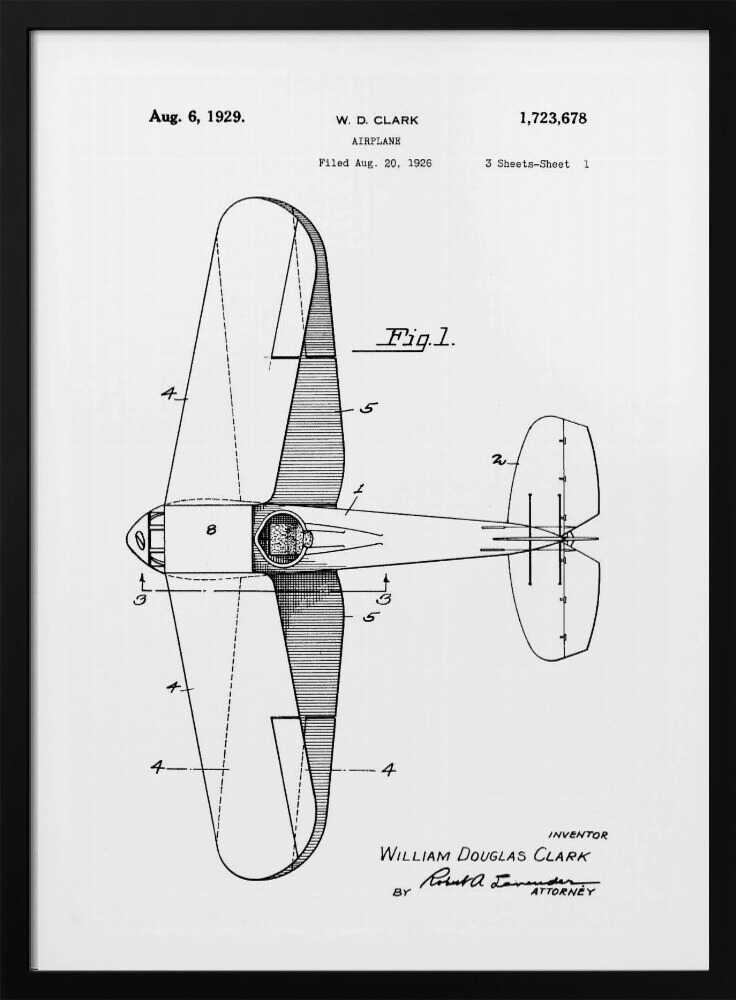 A framed, black and white patent illustration for an airplane by W.D. Clark, dated August 6, 1929. The image shows a top-down schematic view of the aircraft, labeled 'Fig. 1' with technical details and reference numbers. Print