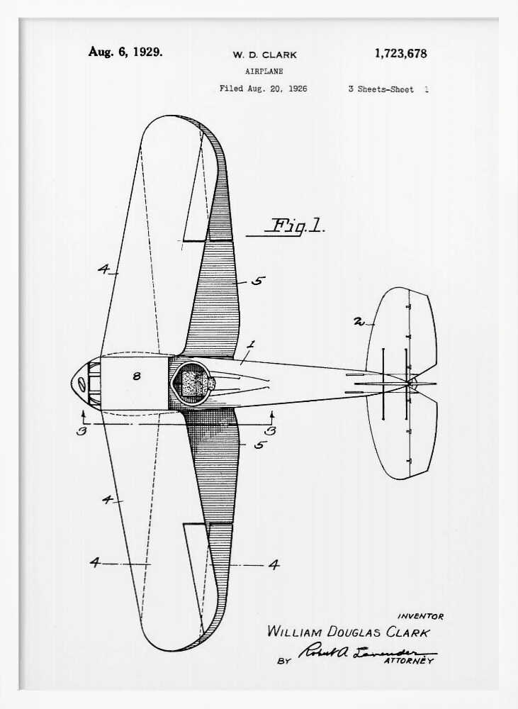 A framed, black and white patent illustration for an airplane by W.D. Clark, dated August 6, 1929. The image shows a top-down schematic view of the aircraft, labeled 'Fig. 1' with technical details and reference numbers. Print