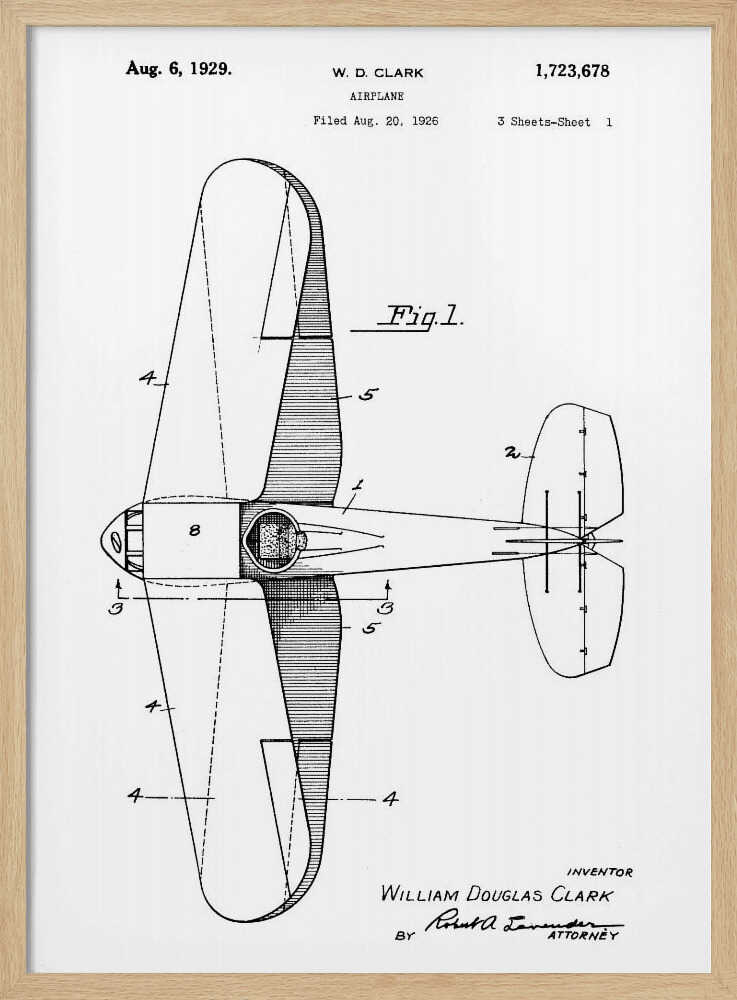 A framed, black and white patent illustration for an airplane by W.D. Clark, dated August 6, 1929. The image shows a top-down schematic view of the aircraft, labeled 'Fig. 1' with technical details and reference numbers. Print