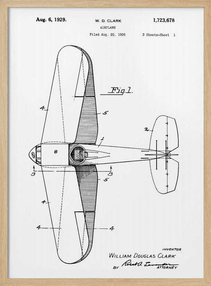 A framed, black and white patent illustration for an airplane by W.D. Clark, dated August 6, 1929. The image shows a top-down schematic view of the aircraft, labeled 'Fig. 1' with technical details and reference numbers. Print