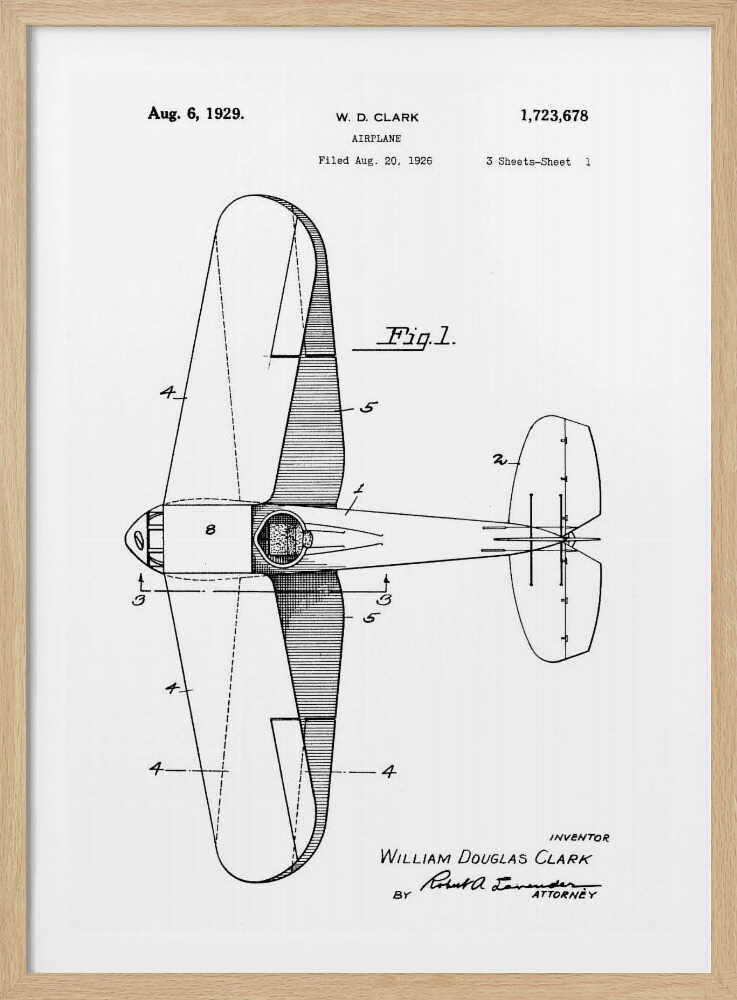 A framed, black and white patent illustration for an airplane by W.D. Clark, dated August 6, 1929. The image shows a top-down schematic view of the aircraft, labeled 'Fig. 1' with technical details and reference numbers. Print