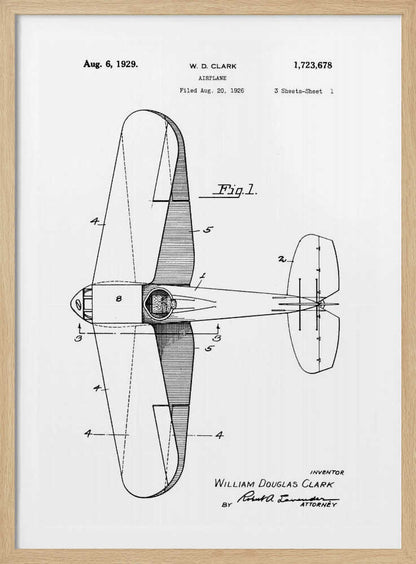 A framed, black and white patent illustration for an airplane by W.D. Clark, dated August 6, 1929. The image shows a top-down schematic view of the aircraft, labeled 'Fig. 1' with technical details and reference numbers. Print