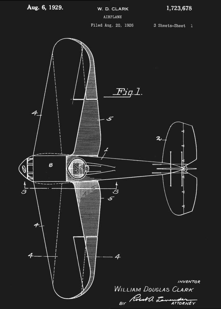 A vintage patent illustration for an airplane by W. D. Clark, dated August 6, 1929. The black and white technical drawing shows a top-down view of the aircraft, complete with design notes and figures, presented against a solid black background within a black frame. Artwork