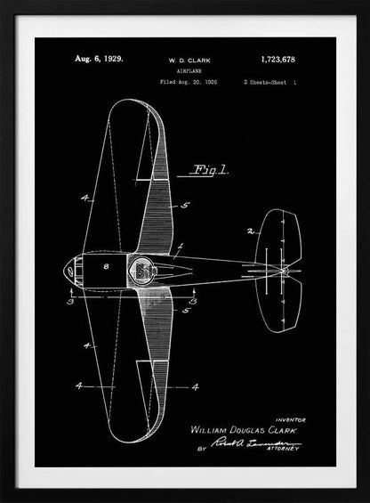 A vintage patent illustration for an airplane by W. D. Clark, dated August 6, 1929. The black and white technical drawing shows a top-down view of the aircraft, complete with design notes and figures, presented against a solid black background within a black frame. Artwork