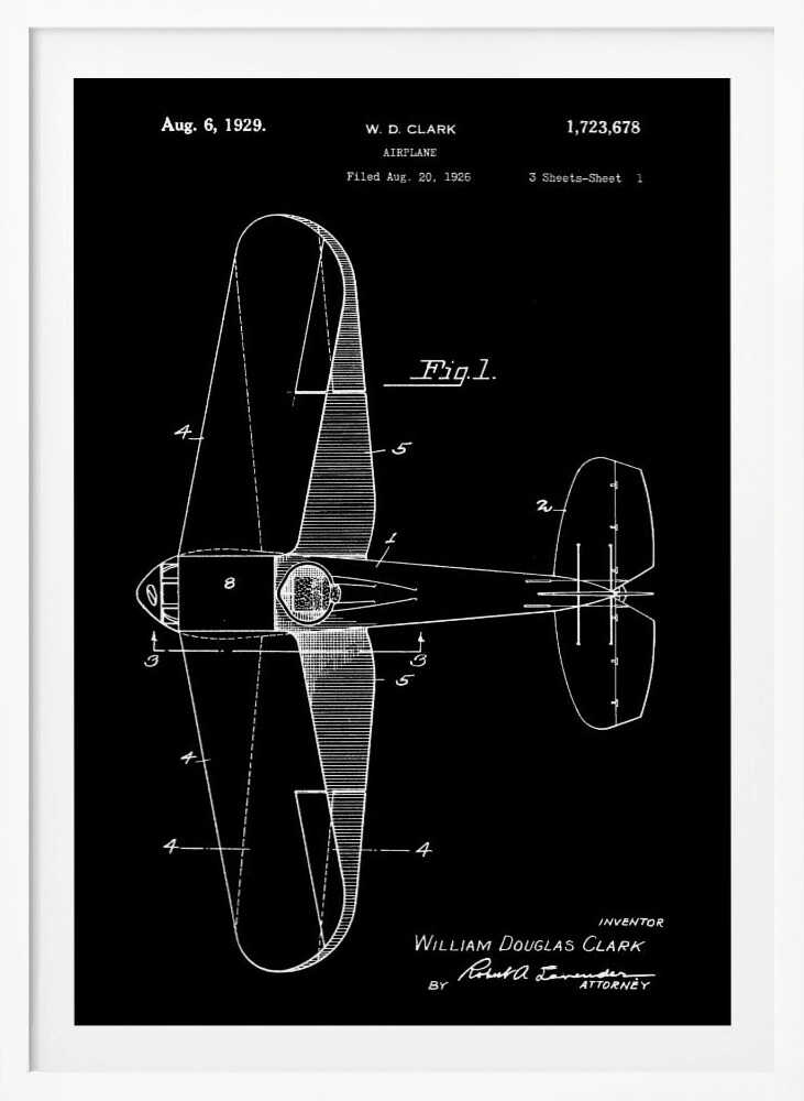 A vintage patent illustration for an airplane by W. D. Clark, dated August 6, 1929. The black and white technical drawing shows a top-down view of the aircraft, complete with design notes and figures, presented against a solid black background within a black frame. Artwork