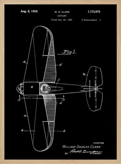 A vintage patent illustration for an airplane by W. D. Clark, dated August 6, 1929. The black and white technical drawing shows a top-down view of the aircraft, complete with design notes and figures, presented against a solid black background within a black frame. Artwork