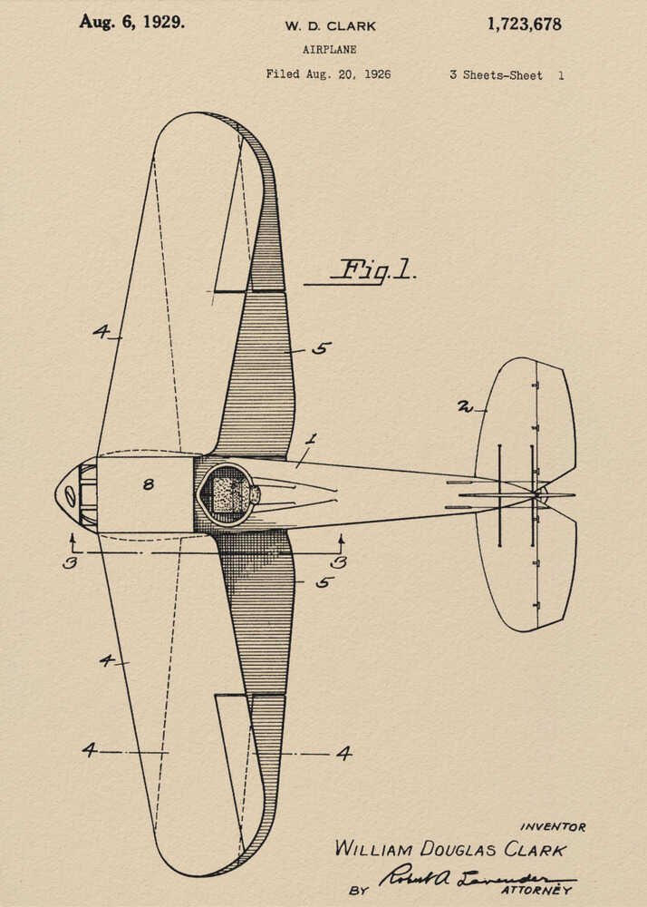 A framed vintage patent illustration of an airplane designed by W. D. Clark, dated August 6, 1929. The image shows a top-down schematic view of the aircraft in black ink on an aged, beige paper background, with various parts labeled with numbers. Text and signatures are visible, characteristic of an official patent document. Decor