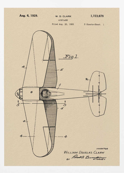A framed vintage patent illustration of an airplane designed by W. D. Clark, dated August 6, 1929. The image shows a top-down schematic view of the aircraft in black ink on an aged, beige paper background, with various parts labeled with numbers. Text and signatures are visible, characteristic of an official patent document. Decor