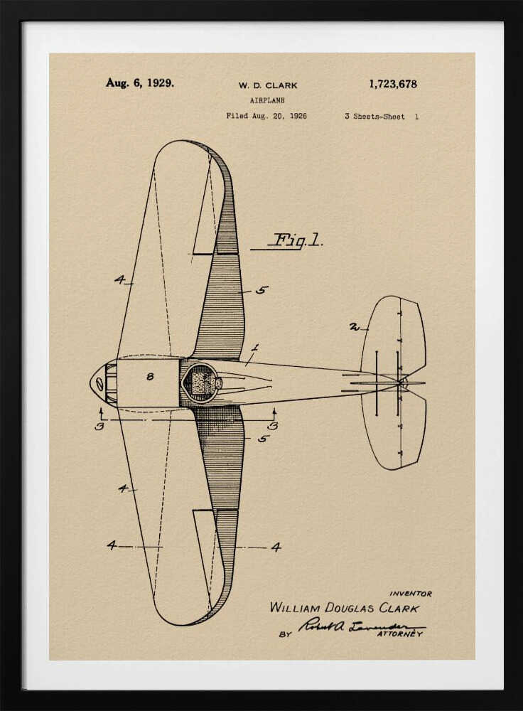 A framed vintage patent illustration of an airplane designed by W. D. Clark, dated August 6, 1929. The image shows a top-down schematic view of the aircraft in black ink on an aged, beige paper background, with various parts labeled with numbers. Text and signatures are visible, characteristic of an official patent document. Decor