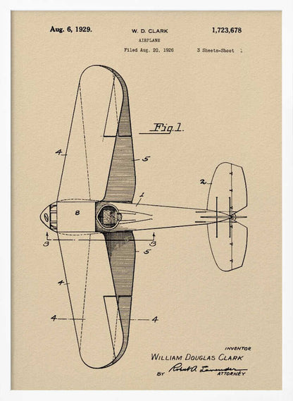 A framed vintage patent illustration of an airplane designed by W. D. Clark, dated August 6, 1929. The image shows a top-down schematic view of the aircraft in black ink on an aged, beige paper background, with various parts labeled with numbers. Text and signatures are visible, characteristic of an official patent document. Decor