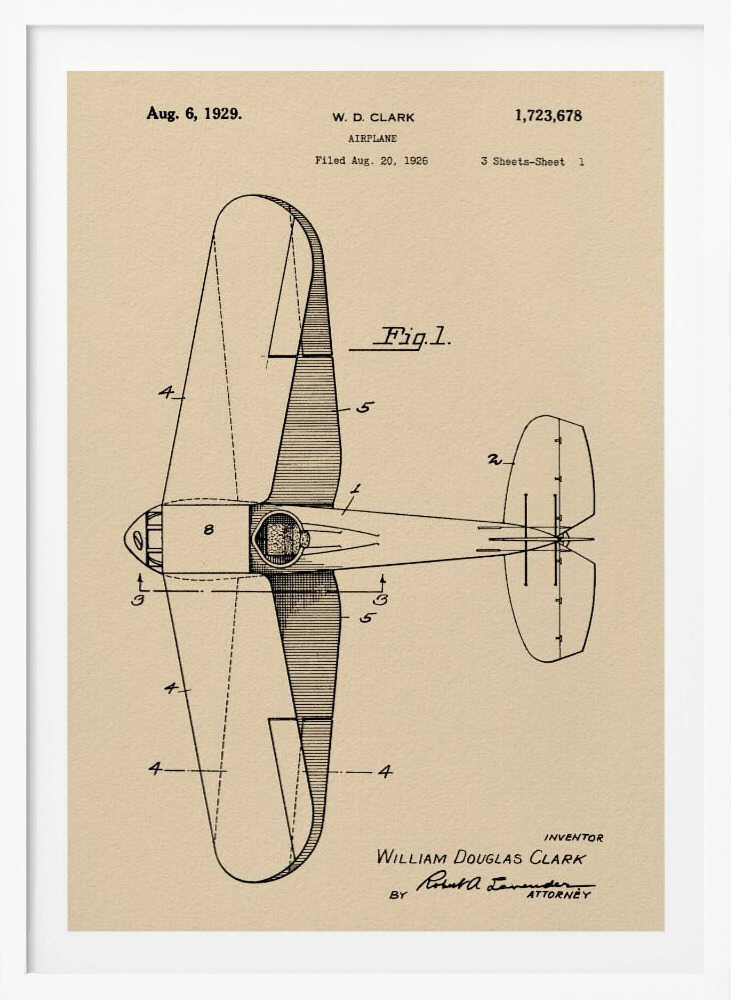 A framed vintage patent illustration of an airplane designed by W. D. Clark, dated August 6, 1929. The image shows a top-down schematic view of the aircraft in black ink on an aged, beige paper background, with various parts labeled with numbers. Text and signatures are visible, characteristic of an official patent document. Decor