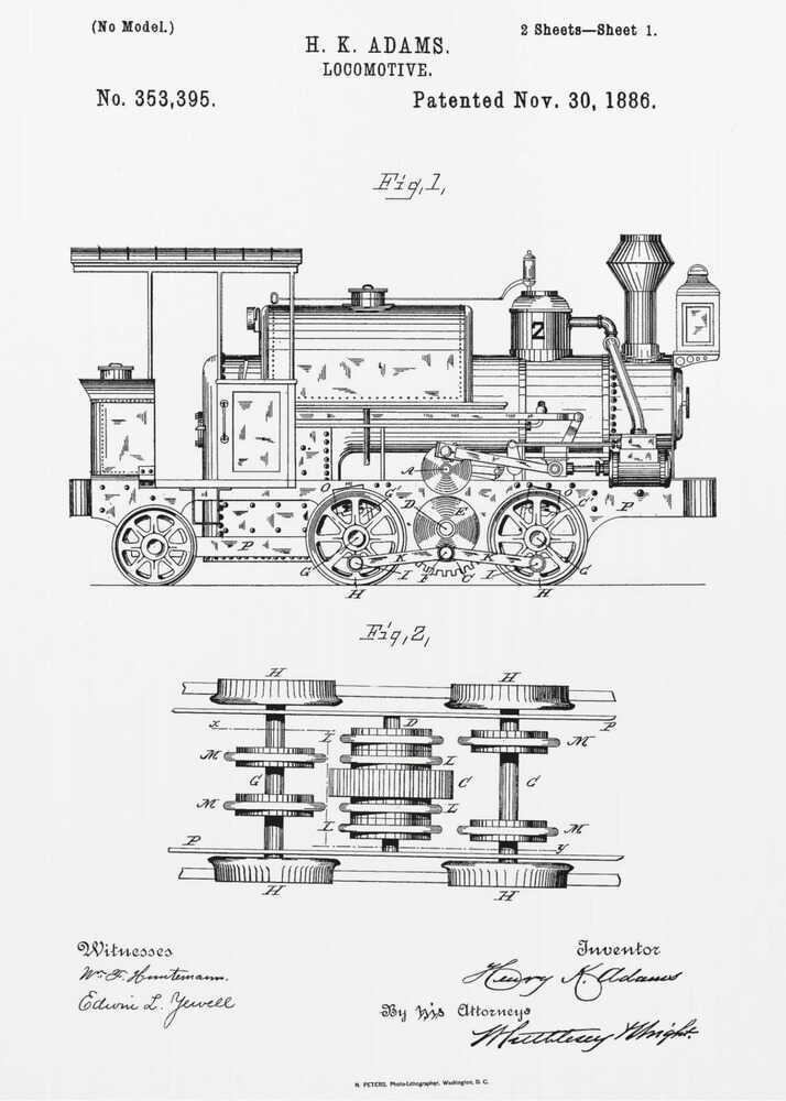 A framed black and white patent illustration for an H.K. Adams locomotive, dated November 30, 1886. The drawing features a detailed side view of the steam engine and a top-down diagram of its wheel and gear assembly. Wall Art